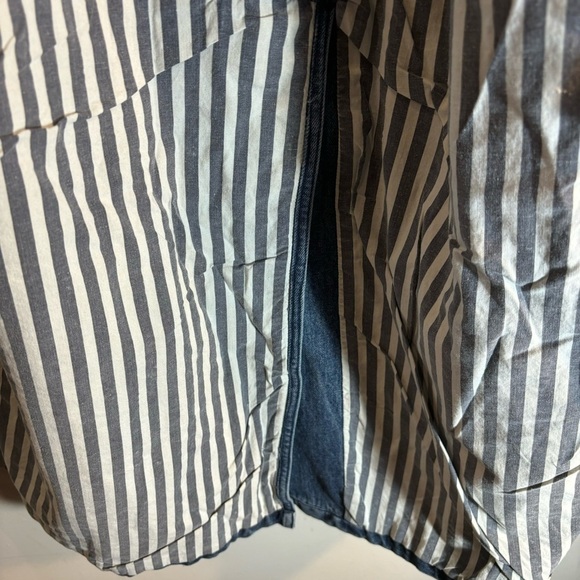 DENIM JEAN COAT Sz XL Lined Contrasting Stripe Pockets 100% Cotton Shoulder Pads - Picture 7 of 10